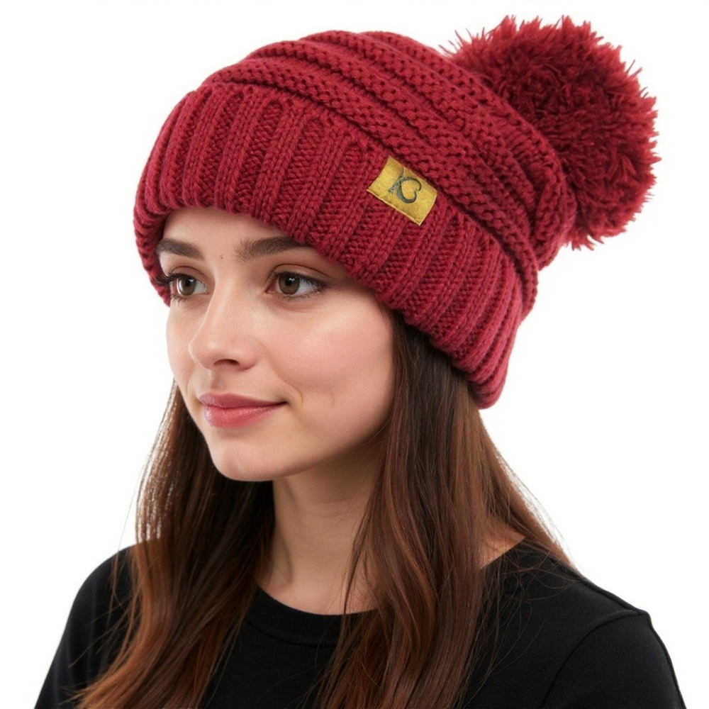 KBETHOS Maroon Wine Chunky Pom-Pom Cable Knit Ribbed Beanie NWT